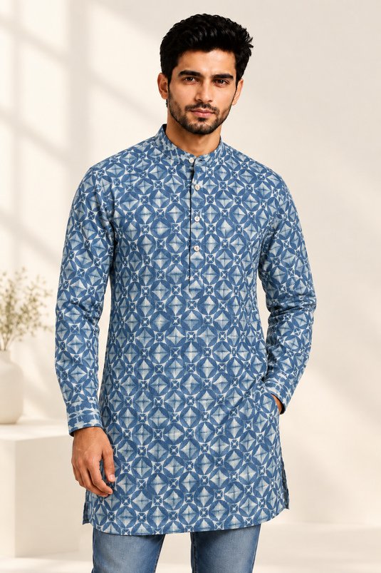 Translation missing: en.Indigo Blue Geometric Mosaic Printed Cotton Slub Kurta