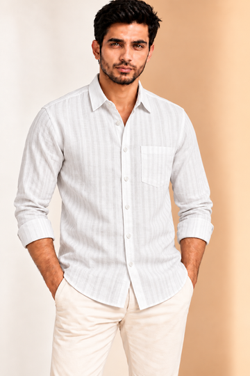 Translation missing: en.Classic White Textured Striped Linen Cotton Shirt