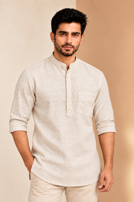 Translation missing: en.Subtle Textured Ivory Cotton Slub Super Short Kurta