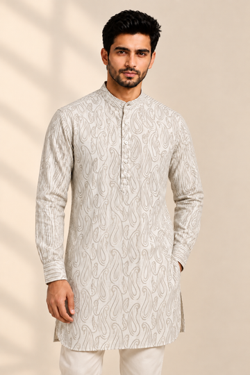 Translation missing: en.Off-White &amp; Slate Grey Paisley Printed Cotton Slub Kurta