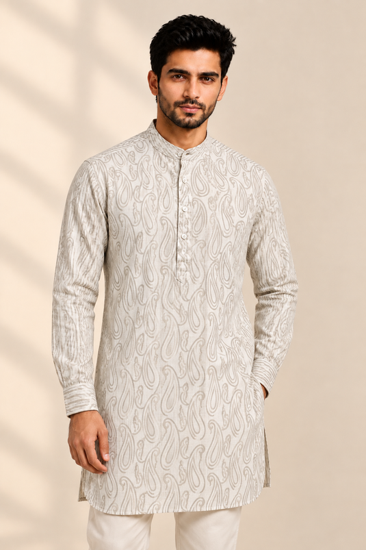 Translation missing: en.Off-White &amp; Slate Grey Paisley Printed Cotton Slub Kurta