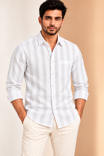 Translation missing: en.White-on-White Textured Striped Linen Cotton Shirt