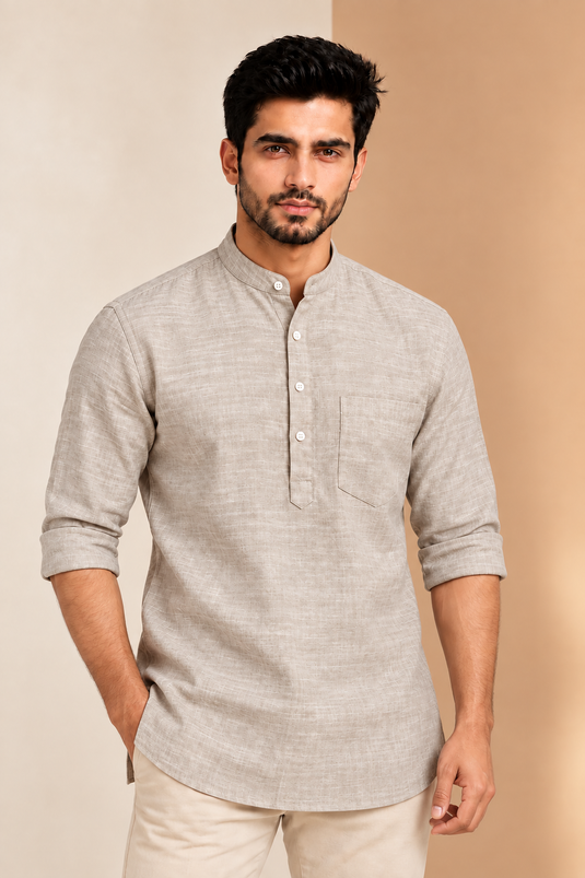 Translation missing: en.Subtle Textured Ivory Cotton Slub Super Short Kurta