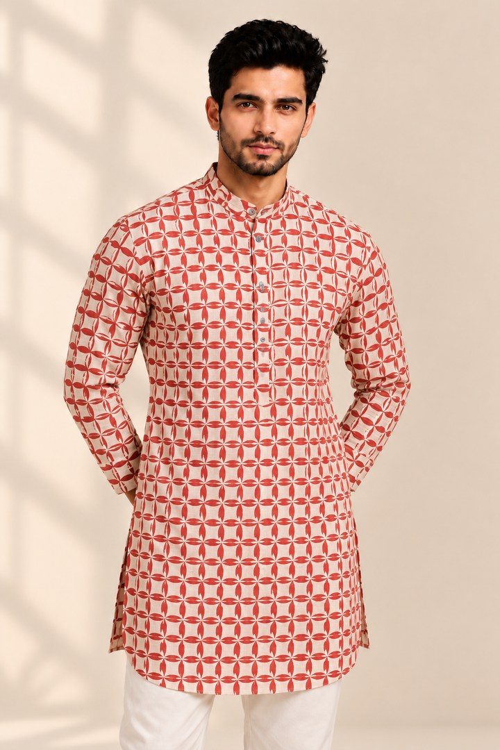Translation missing: en.Crimson Red Geometric Floral Printed Cotton Slub Kurta