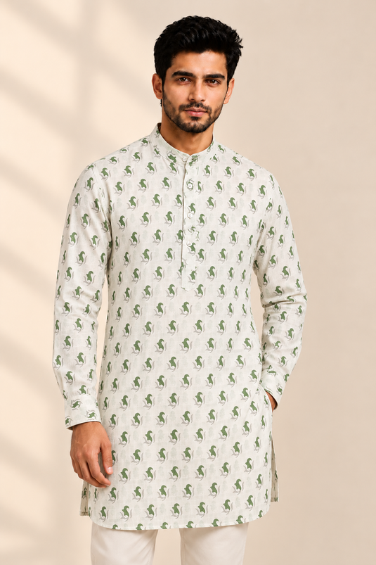Translation missing: en.Sage Green Block Motif Printed Cotton Slub Kurta