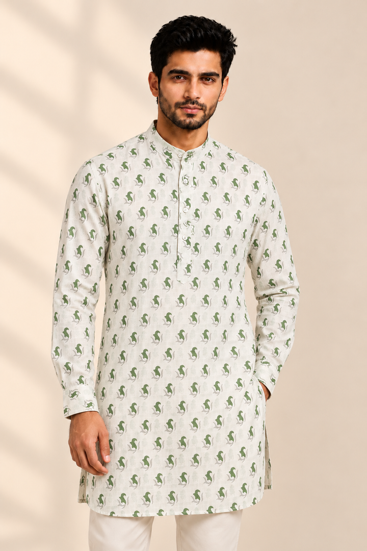 Translation missing: en.Sage Green Block Motif Printed Cotton Slub Kurta