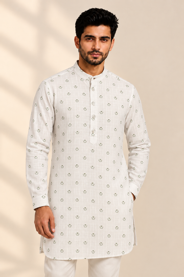 Translation missing: en.Olive Floral Micro-Motif Cotton Slub Kurta