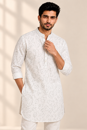 Translation missing: en.Off-White &amp; Sage Green Dotted Swirl Printed Cotton Slub Kurta