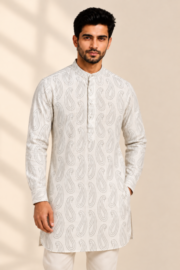 Translation missing: en.Off-White &amp; Muted Grey Paisley Swirl Printed Cotton Slub Kurta