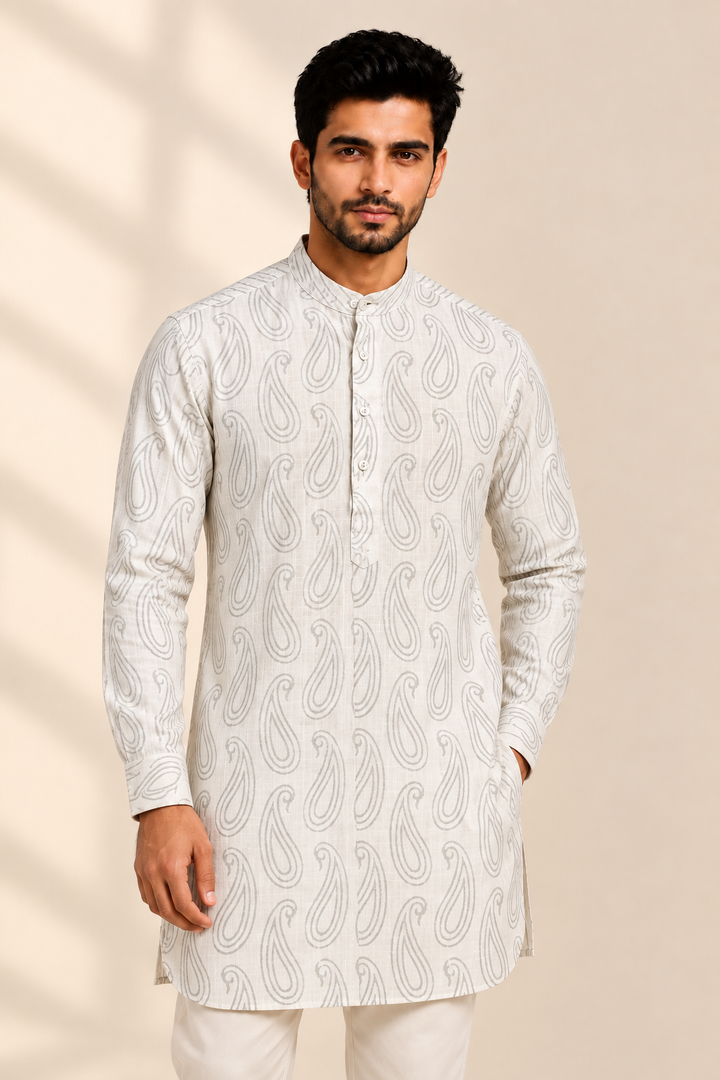 Translation missing: en.Off-White &amp; Muted Grey Paisley Swirl Printed Cotton Slub Kurta