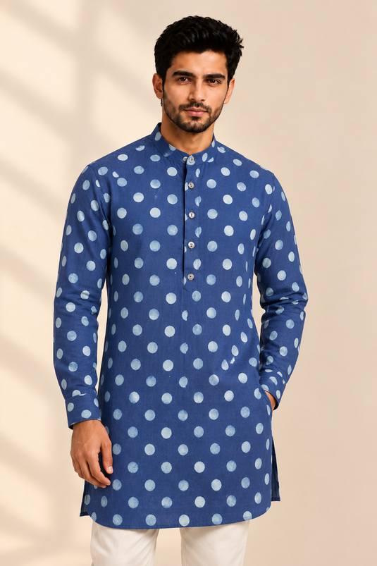 Translation missing: en.Indigo Blue Polka-Dot Printed Cotton Slub Kurta
