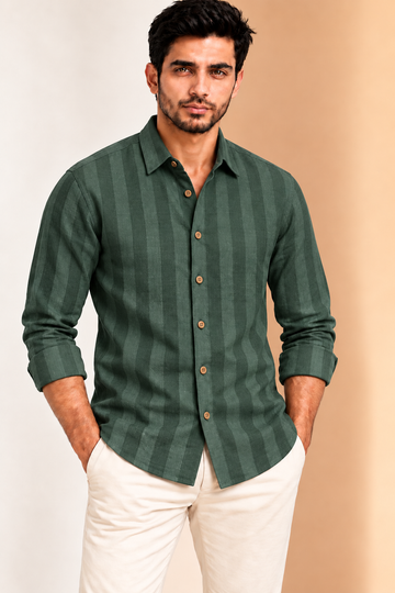 Translation missing: en.Forest Green Textured Striped Linen Cotton Shirt