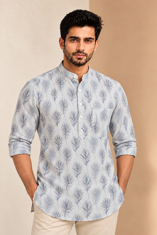 Translation missing: en.Light Blue &amp; Slate Feather Print Cotton Super Short Kurta