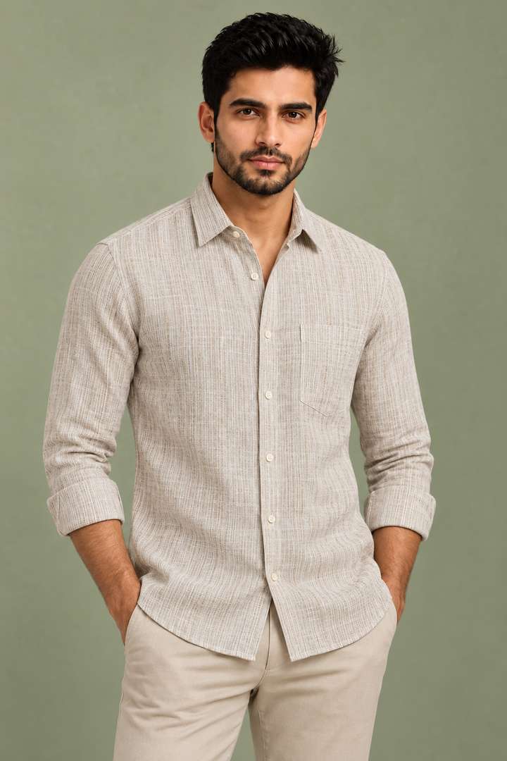 Translation missing: en.Warm Beige Textured Linen Cotton Shirt