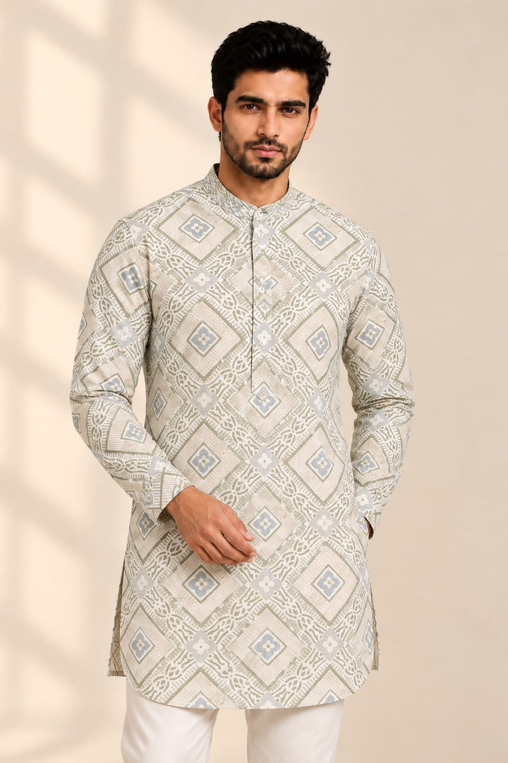 Translation missing: en.Muted Sage &amp; Grey Geometric Tile Printed Cotton Slub Kurta