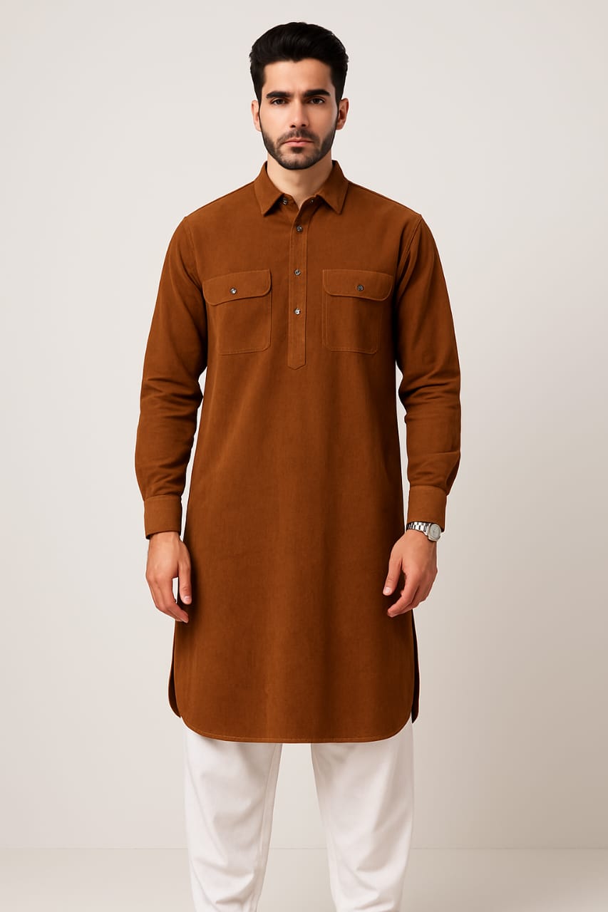 Corduroy Pathani Kurta with White Salwar