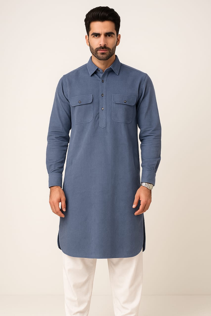 Corduroy Pathani Kurta with White Salwar
