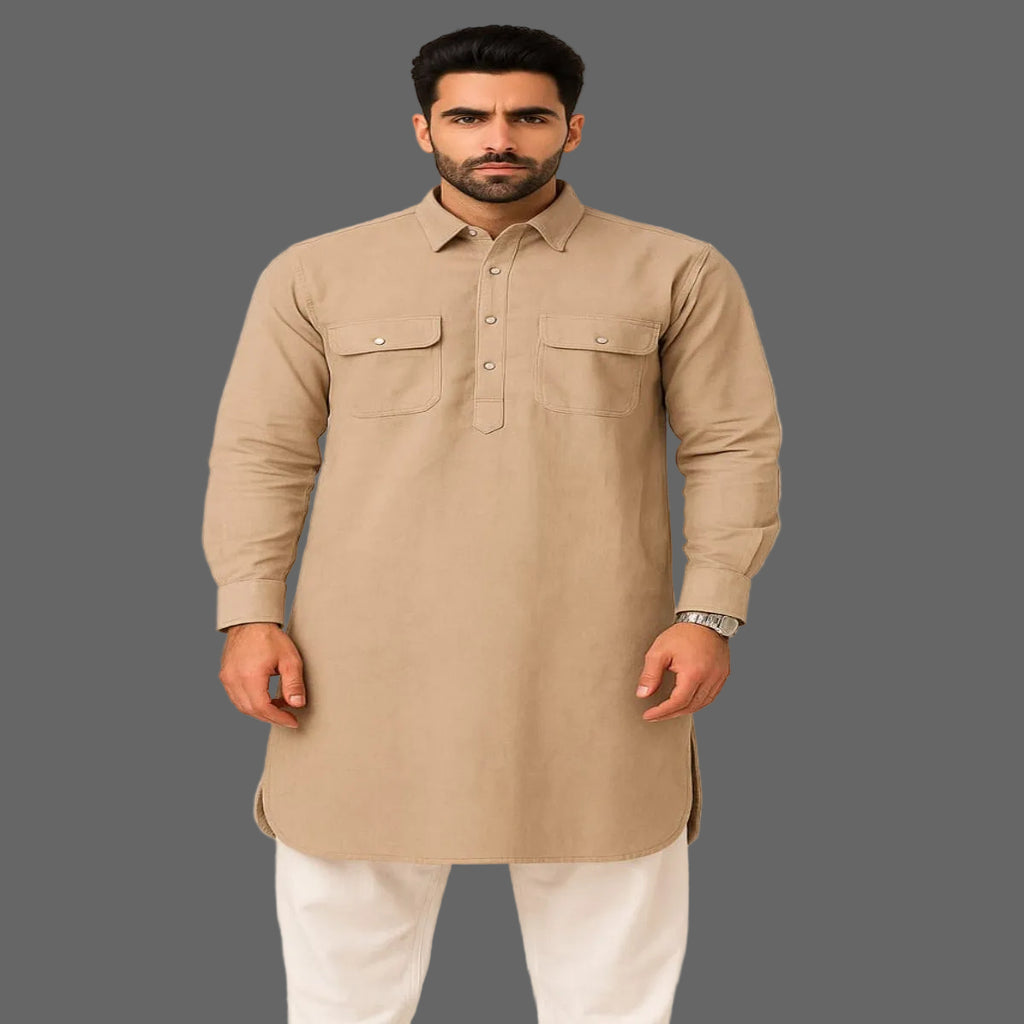 Corduroy Pathani Kurta with White Salwar