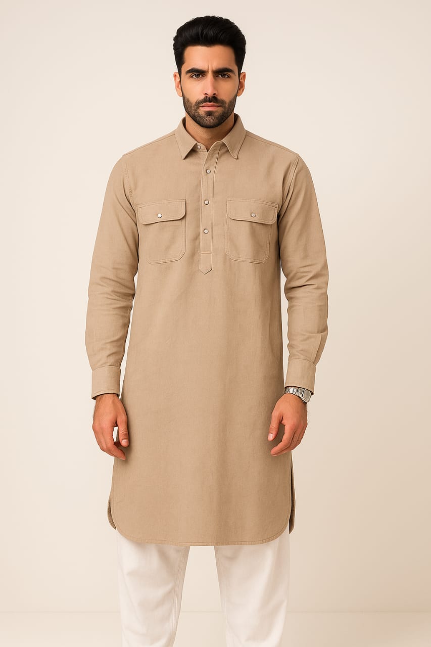 Corduroy Pathani Kurta with White Salwar