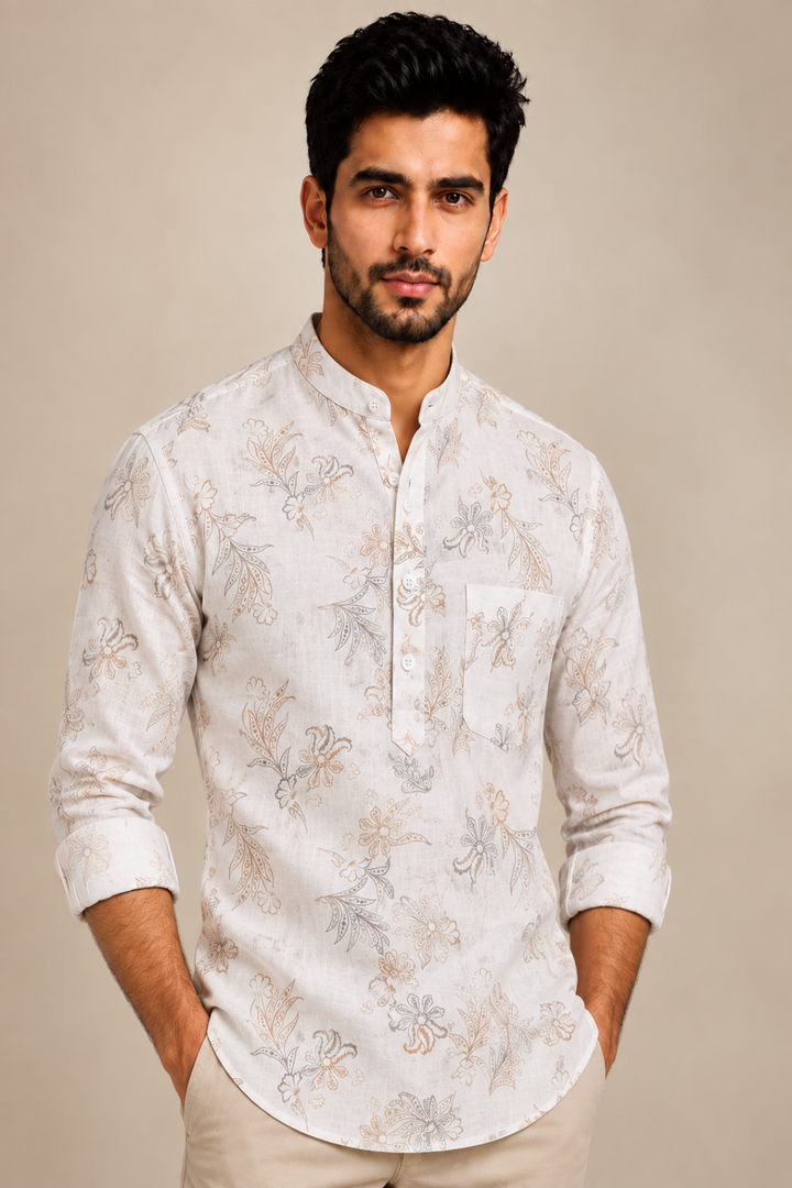 Translation missing: en.Off-White &amp; Warm Beige Botanical Print Cotton Super Short Kurta