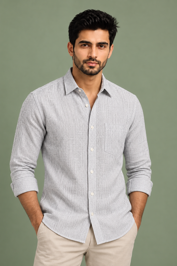 Translation missing: en.Silver Grey Textured Vertical Stripe Linen Cotton Shirt
