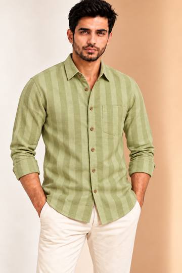 Translation missing: en.Sage Olive Textured Striped Linen Cotton Shirt