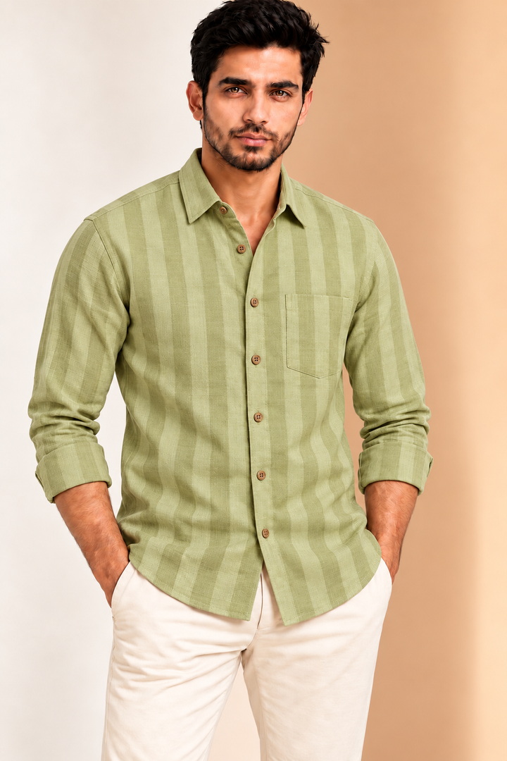 Translation missing: hi.Sage Olive Textured Striped Linen Cotton Shirt