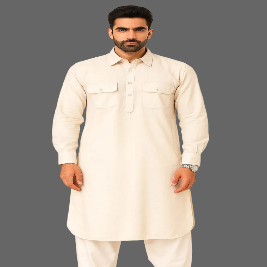 Corduroy Pathani Kurta with White Salwar