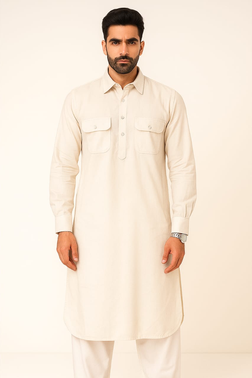Corduroy Pathani Kurta with White Salwar