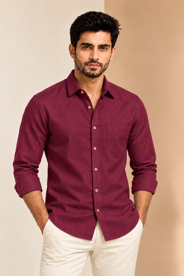 Translation missing: en.Deep Burgundy Textured Linen Cotton Shirt