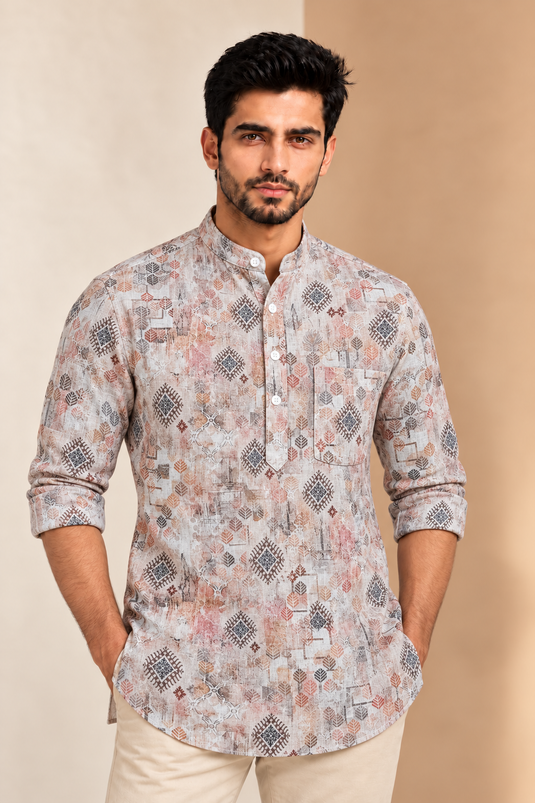 Translation missing: en.Off-White &amp; Earthy Patchwork Geometric Print Cotton Super Short Kurta