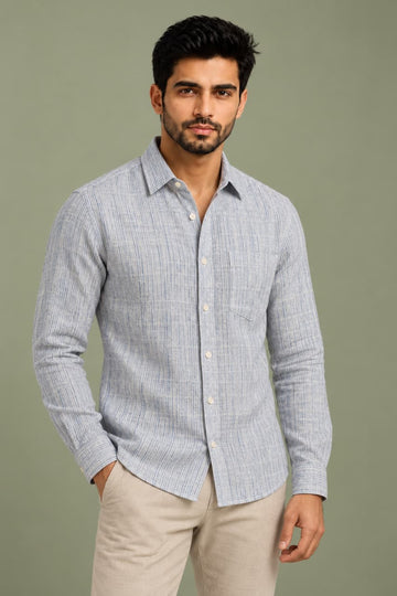 Translation missing: en.Blue-Toned Textured Vertical Stripe Linen Cotton Shirt