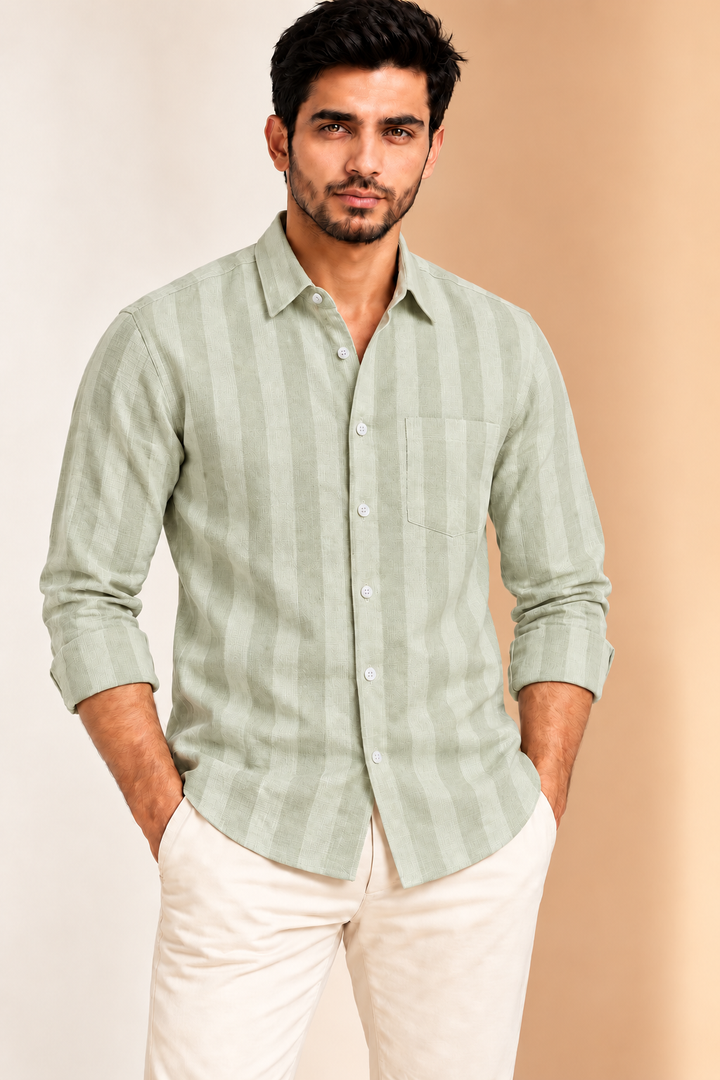 Translation missing: hi.Pale Sage Textured Striped Linen Cotton Shirt