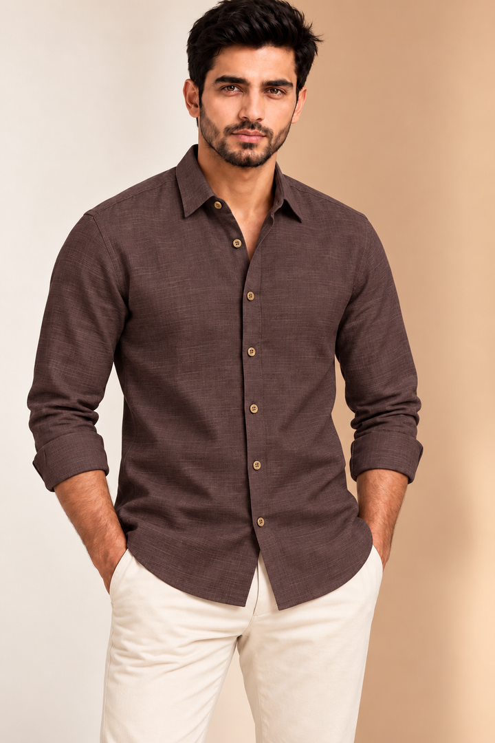 Translation missing: en.Warm Cocoa Brown Textured Linen Cotton Shirt