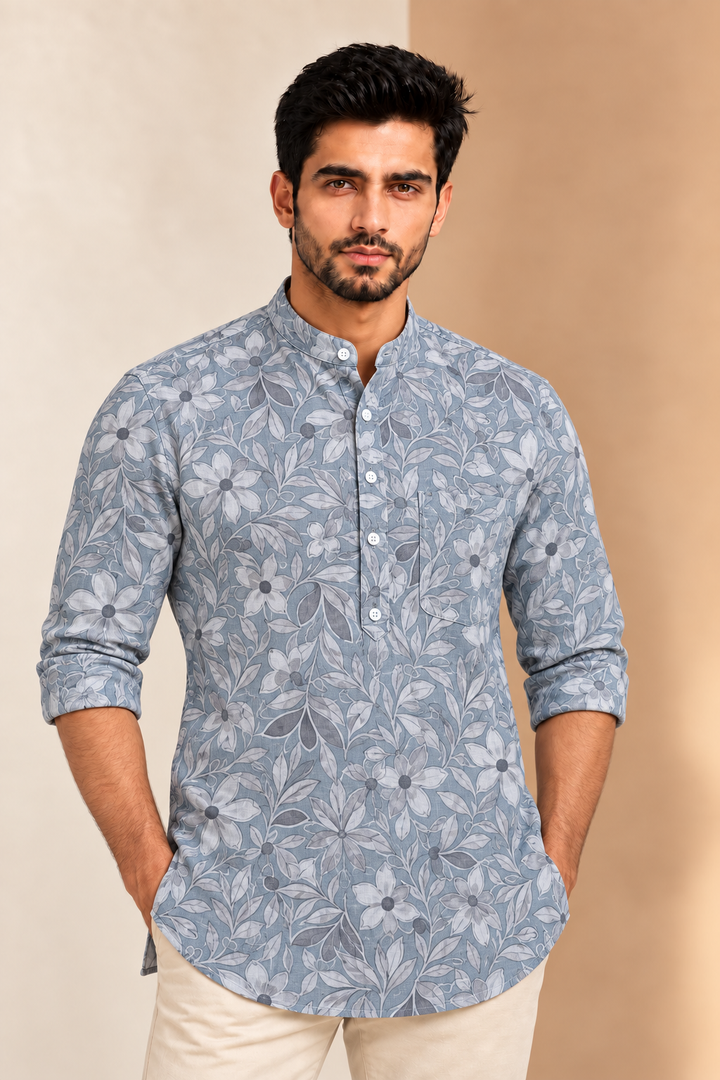Translation missing: en.Slate Blue &amp; Charcoal Floral Printed Cotton Super Short Kurta