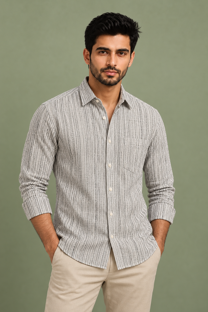 Translation missing: hi.Charcoal &amp; Ivory Textured Stripe Linen Cotton Shirt