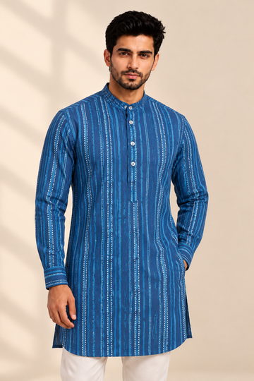 Translation missing: en.Indigo Blue Artisanal Ikat Printed Cotton Slub Kurta