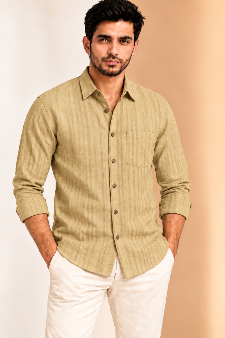 Translation missing: hi.Golden Sand Textured Striped Linen Cotton Shirt