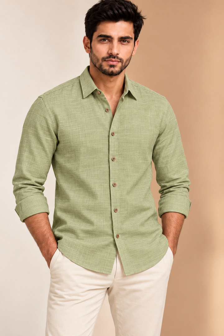 Translation missing: en.Sage Olive Textured Linen Cotton Shirt