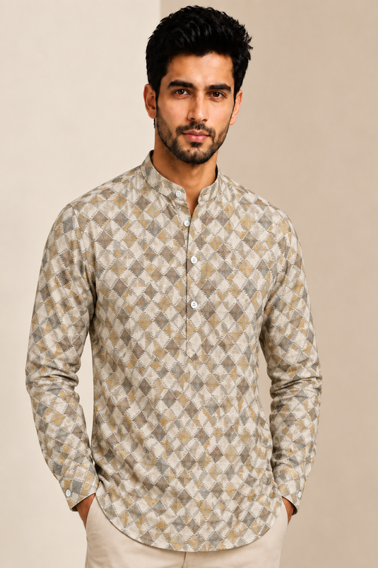 Translation missing: en.Beige &amp; Ochre Geometric Argyle Print Cotton Super Short Kurta