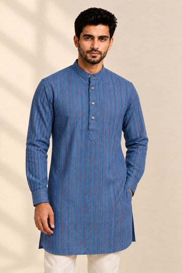 Translation missing: en.Royal Blue &amp; Crimson Striped Cotton Slub Mid-Knee Kurta