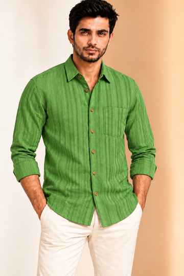 Translation missing: en.Leaf Green Textured Striped Linen Cotton Shirt