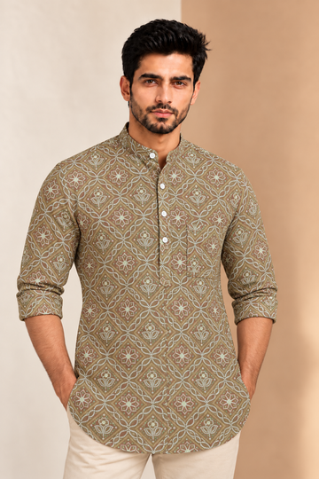 Translation missing: en.Olive Green Lattice &amp; Floral Jaal Print Cotton Super Short Kurta