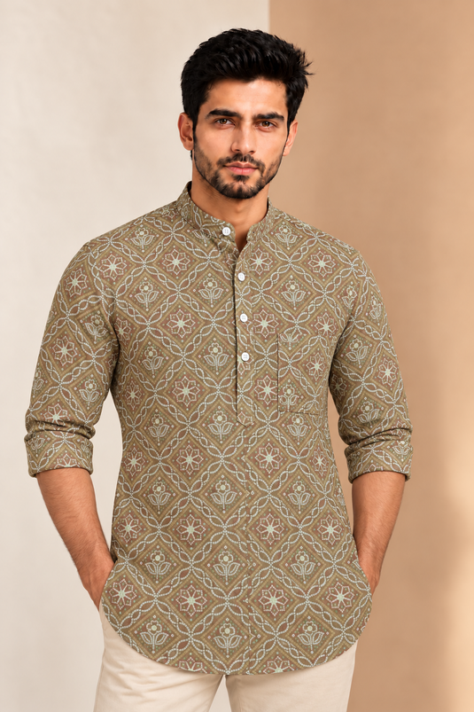Translation missing: en.Olive Green Lattice &amp; Floral Jaal Print Cotton Super Short Kurta