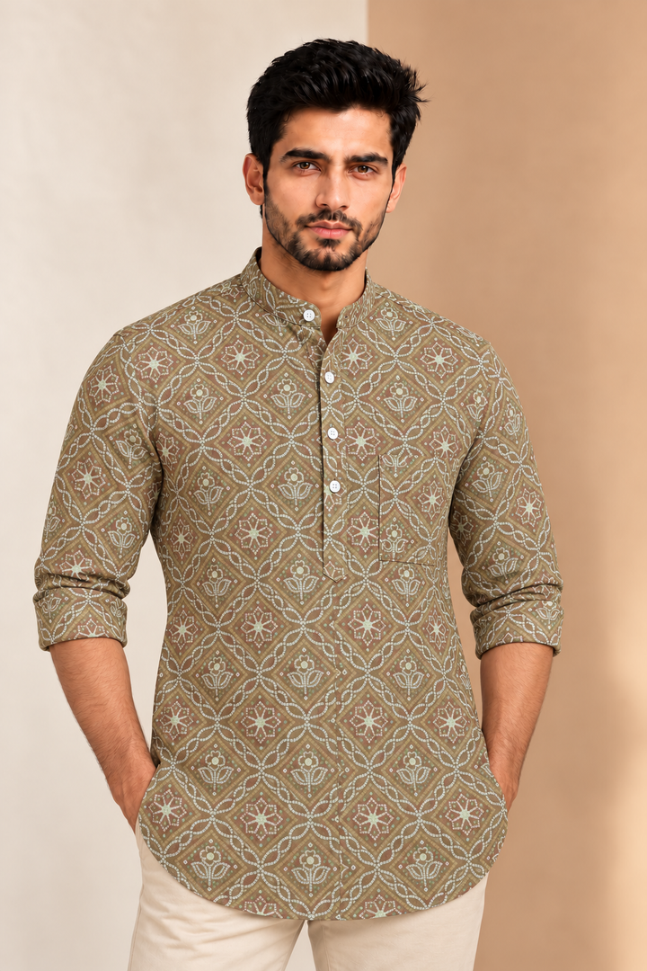 Translation missing: en.Olive Green Lattice &amp; Floral Jaal Print Cotton Super Short Kurta