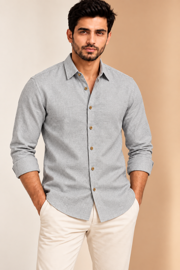 Translation missing: en.Silver Grey Textured Linen Cotton Shirt
