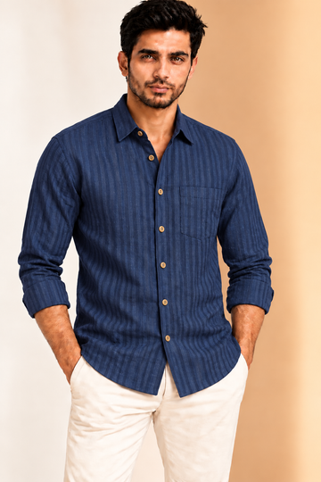 Translation missing: en.Navy Indigo Textured Striped Linen Cotton Shirt
