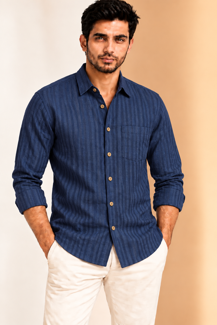 Translation missing: en.Navy Indigo Textured Striped Linen Cotton Shirt