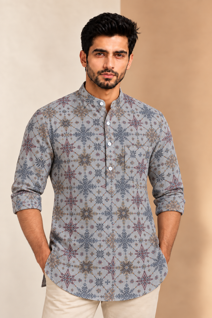 Translation missing: en.Pale Grey &amp; Slate Mosaic Star Print Cotton Super Short Kurta