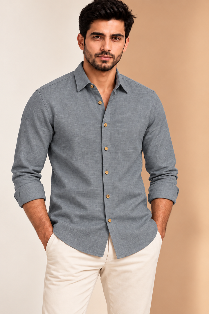 Translation missing: en.Slate Blue Grey Textured Linen Cotton Shirt